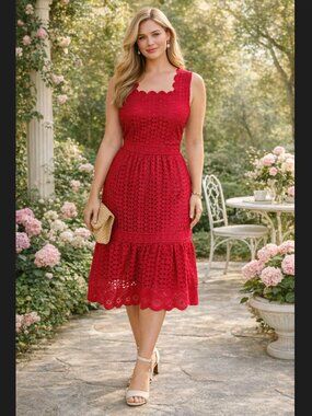 Talbots Red Eyelet Lace Dress 14 Sleeveless Tiered Scalloped Cotton Cottage Boho